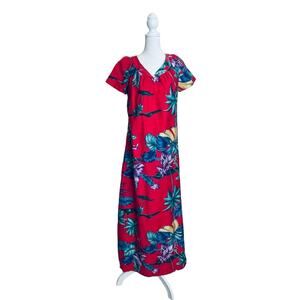 Vintage Hilo Hattie Dress Womens Small Hawaii Hawaiian Floral Red Made USA Beach